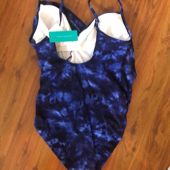 NWT Aquagreen Blue tie-dye ruched waist Cinch waist  One piece swimsuit, bathi - Picture 4 of 6